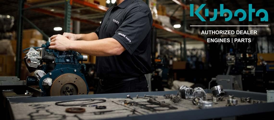 Service technician repairing a Kubota diesel engine using genuine Kubota parts